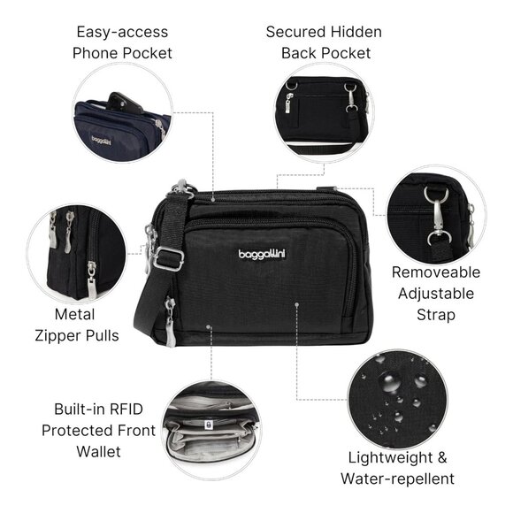 Baggallini Triple Zip Women's Bag with Built-In Wallet - Stylish Versatile Organ - Picture 3 of 8